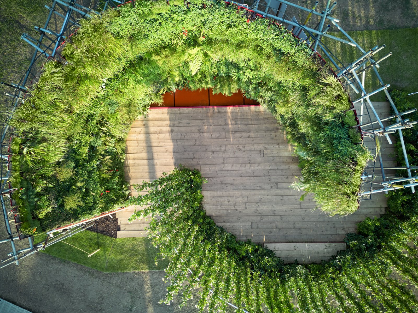 Aerial view of the RHS Hampton Court vertical garden exhibit and surrounding show ground